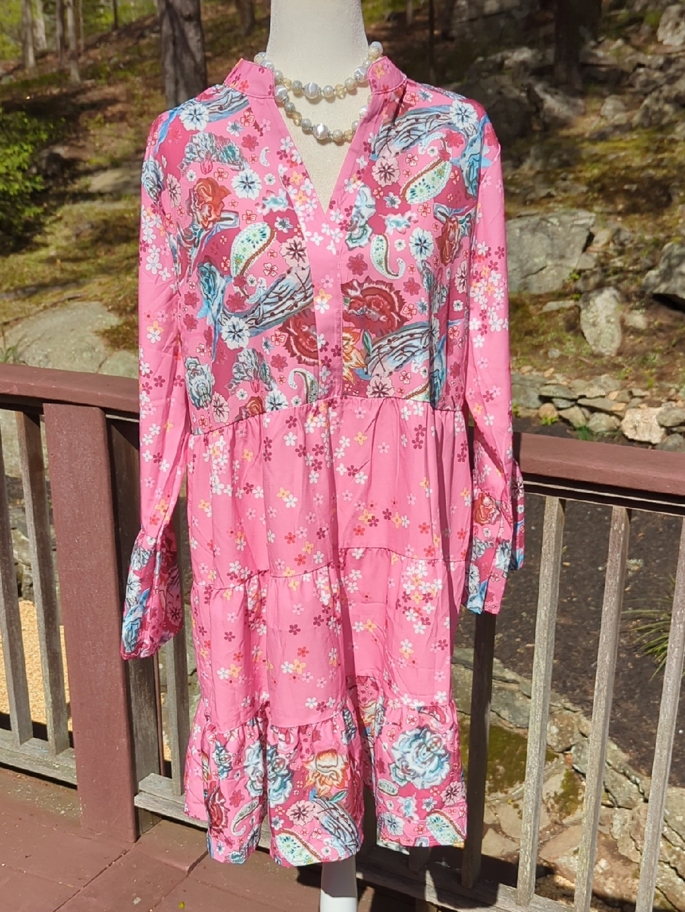 Women's Pink Floral Tiered Long-Sleeve Dress